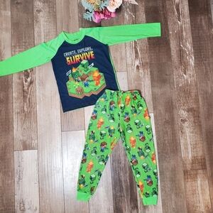 Minecraft Boys Size 4/5 Green 2pc Fleece Matching Pajama Pj Set EUC